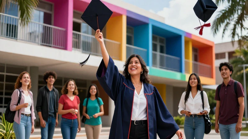 Graduado universitario mexicano exitoso en campus vibrante