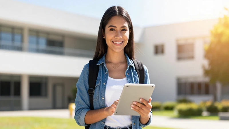 Estudiante mexicano exitoso en campus moderno