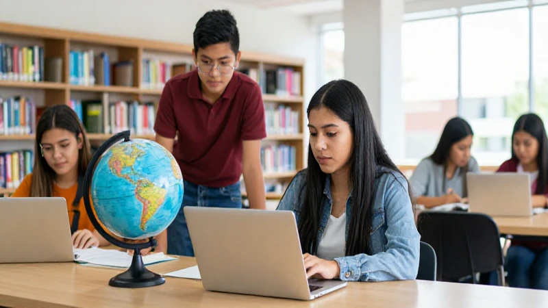 Estudiante mexicano estudia el mundo en una biblioteca moderna