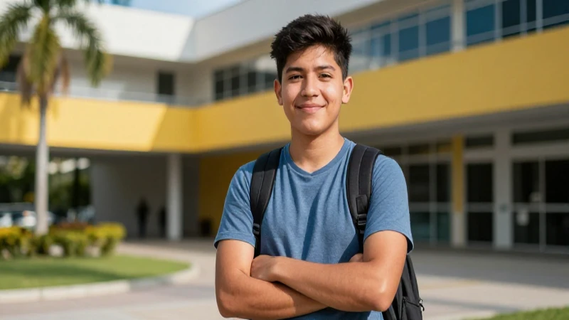 Joven estudiante mexicano optimista en campus vibrante