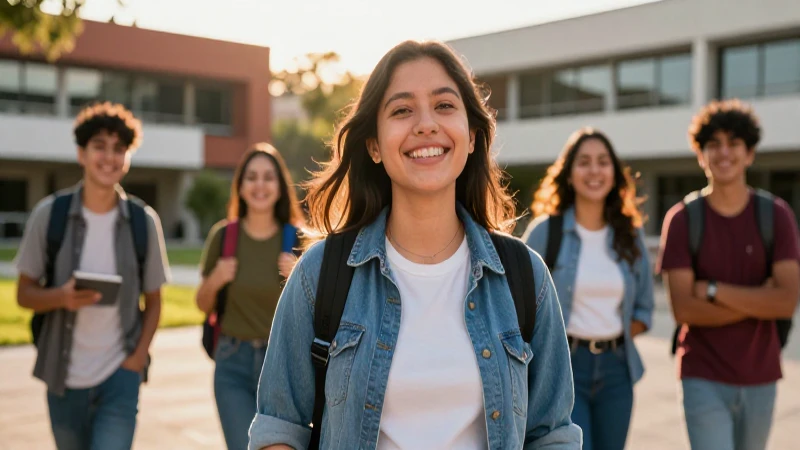 Joven mexicana sonriente en campus vibrante