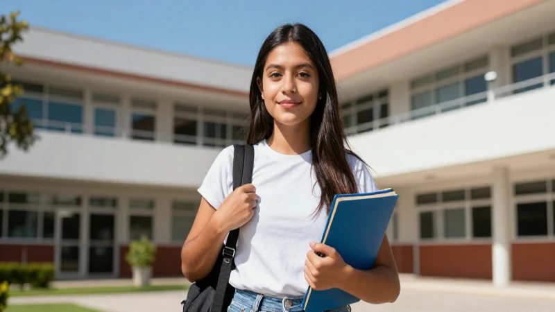 Estudiante mexicano exitoso en campus escolar vibrante