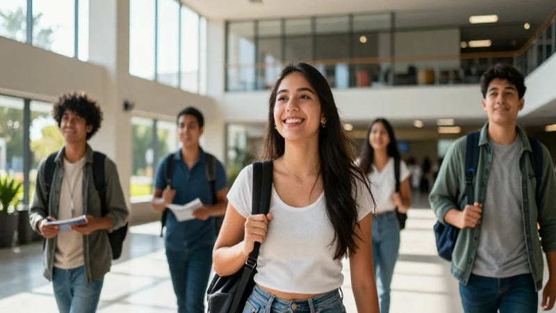 Estudiante mexicano diverso triunfa en campus moderno y luminoso