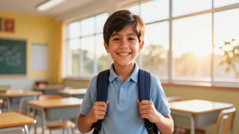 Niño mexicano alegre en aula luminosa