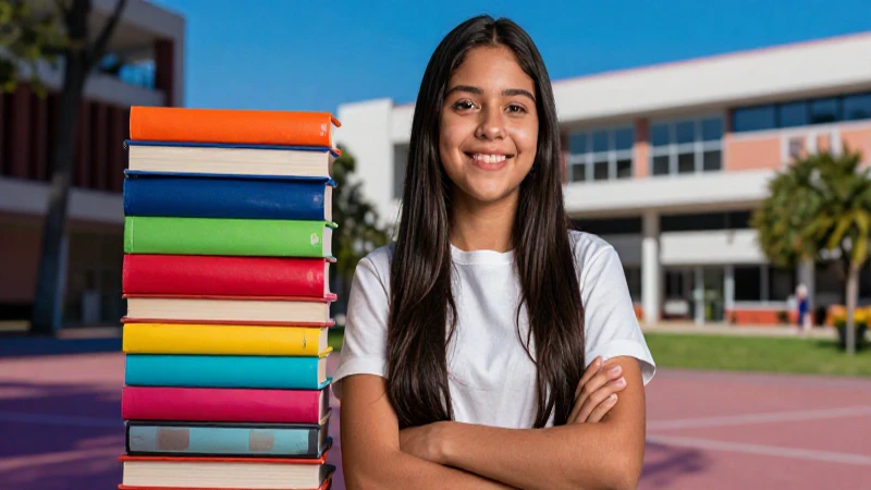 Estudiante sonriente con libros en campus moderno