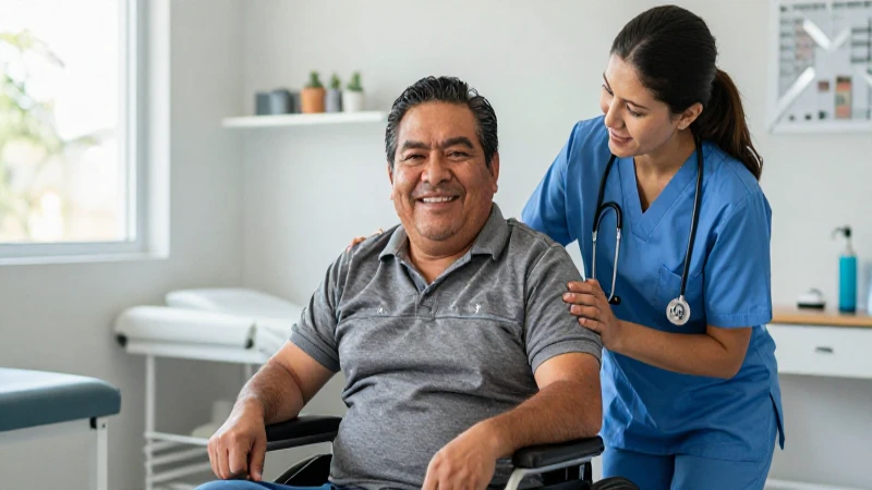 Hombre feliz con discapacidad y apoyo médico
