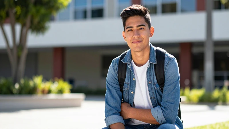 Retrato cinemático de joven mexicano confiado en el campus