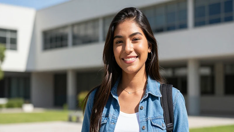Estudiante mexicana sonríe en campus universitario moderno