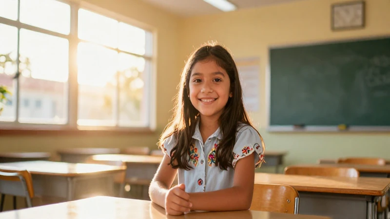 Niña alegre en clase bajo luz dorada
