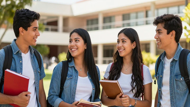 Estudiantes sonriendo en campus universitario moderno