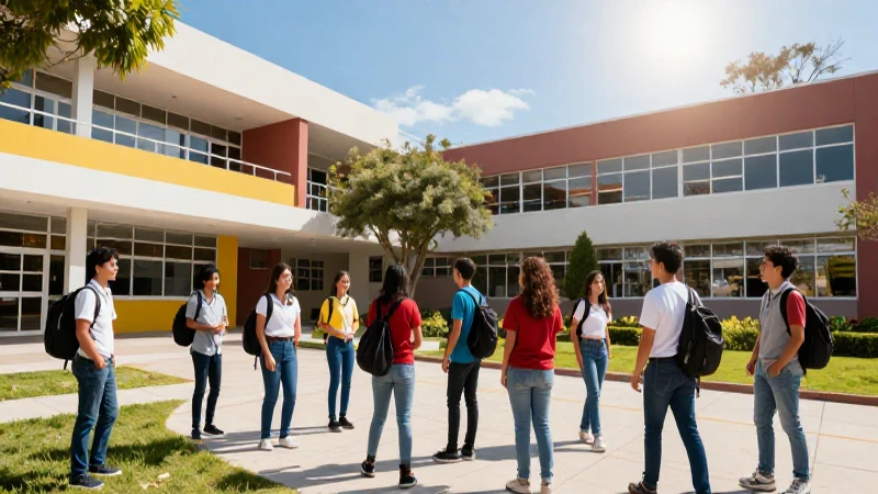 Estudiantes mexicanos en campus moderno con luz vibrante