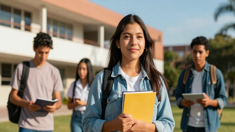 Joven mexicana diversa en campus soleado y vibrante
