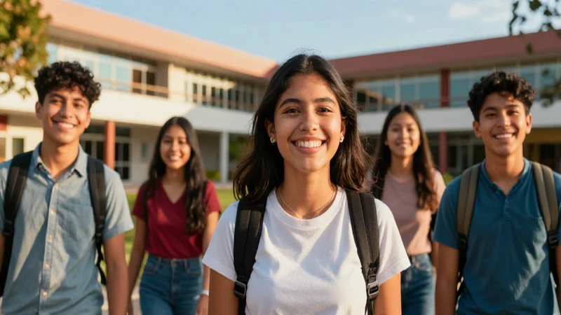Estudiante mexicano sonríe en moderno campus educativo