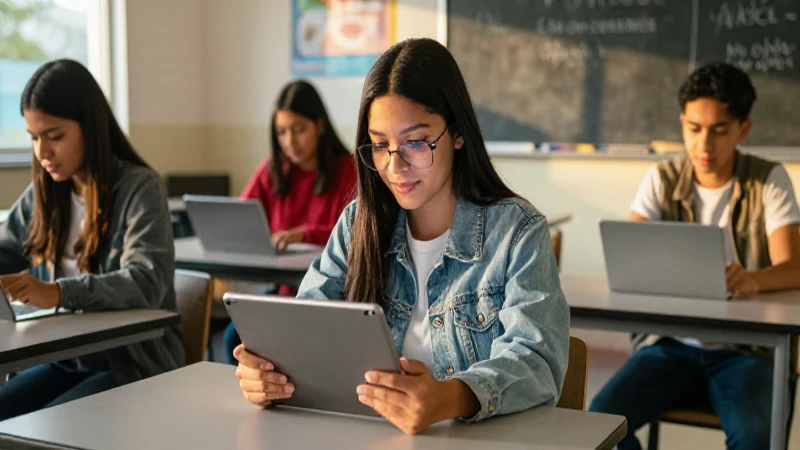 Estudiante mexicano moderno con tablet en aula digital