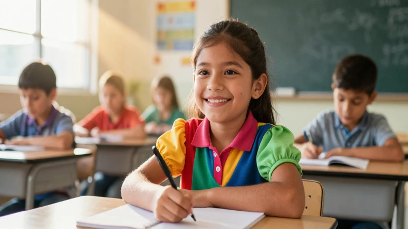 Niño mexicano alegre en aula luminosa