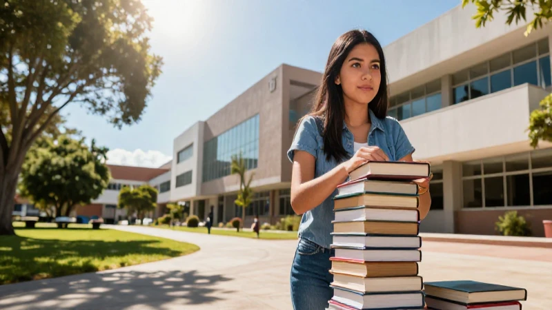 Estudiante mexicana en campus con libros brillantes