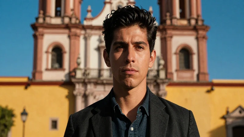 Joven mexicano decidido ante arquitectura vibrante