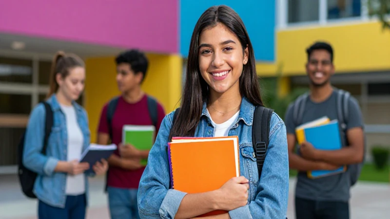 Joven mexicana sonríe en un campus universitario moderno