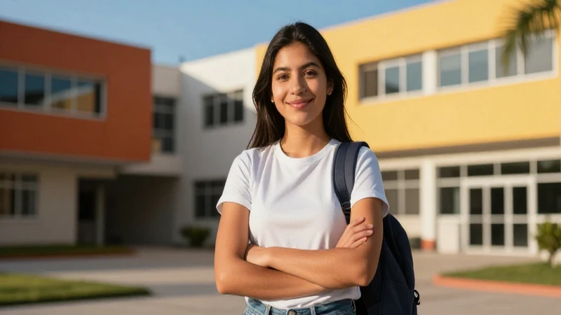 Joven mexicana, campus moderno, luz cálida, estilo hiperrealista
