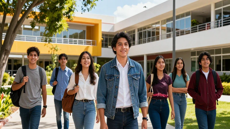 Estudiantes mexicanos en campus moderno y vibrante
