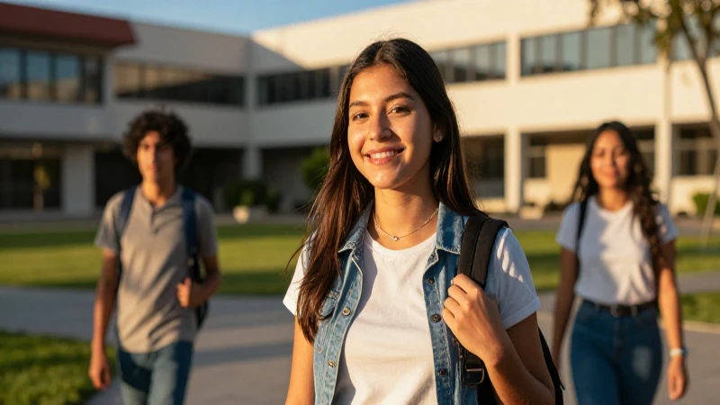 Estudiante mexicano sonríe en campus moderno al atardecer