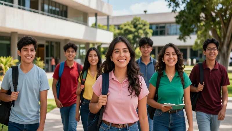 Estudiantes mexicanos felices en moderno campus universitario