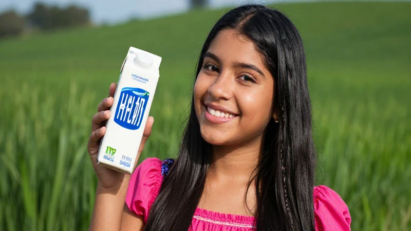 Niña mexicana sonriente con leche en campo