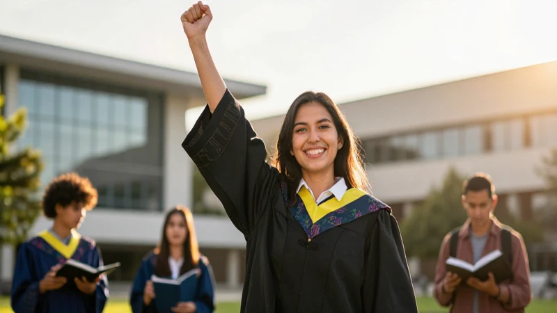Estudiante mexicano triunfal en campus dorado