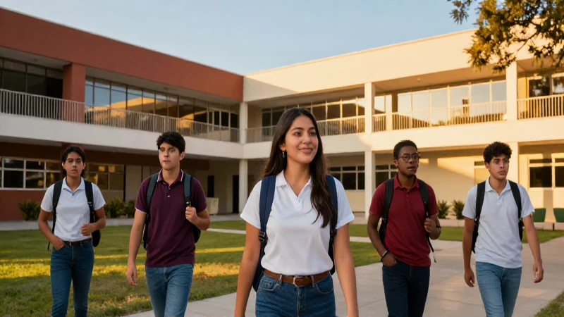 Estudiante mexicano, campus moderno, luz cinematográfica vibrante