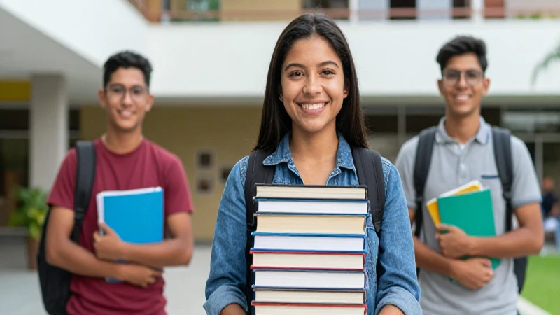 Estudiante mexicano sonriente con libros en campus