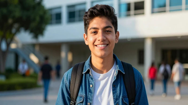 Estudiante mexicano exitoso en campus moderno