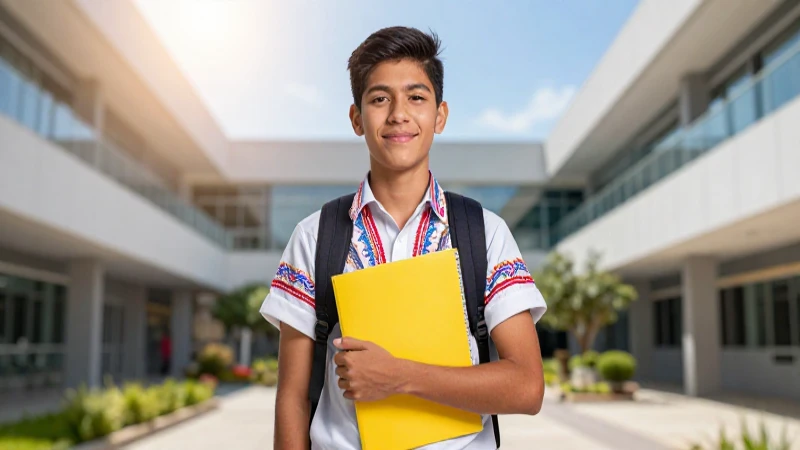 Estudiante mexicano confiado en campus moderno