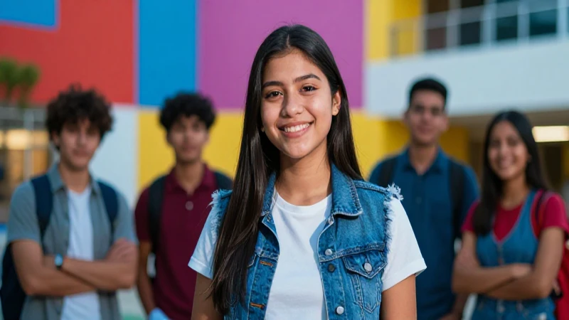 Retrato vibrante de estudiante mexicano en campus moderno