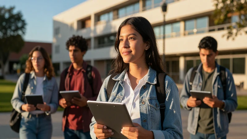 Estudiante mexicano moderno en campus con luz dorada