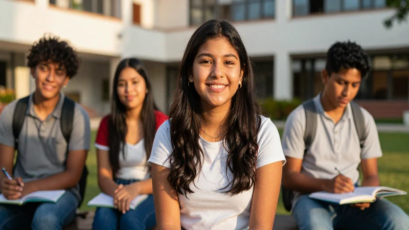 Joven mexicano optimista en campus universitario moderno