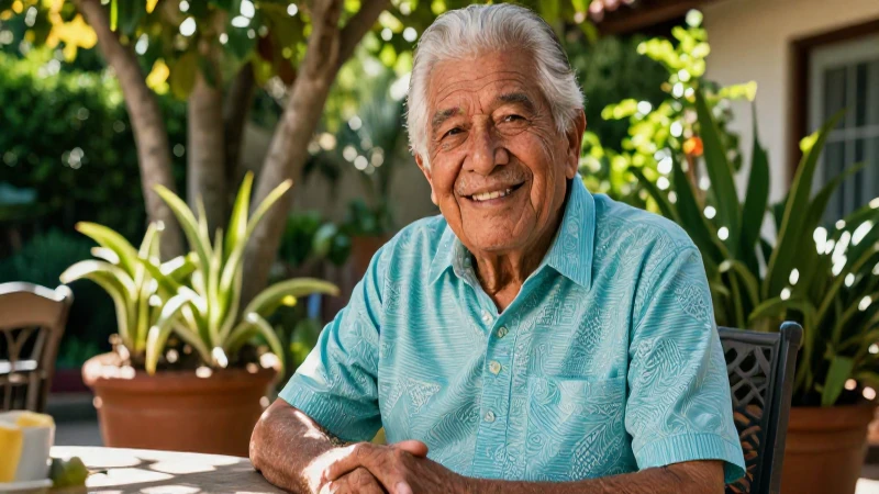 Retirado mexicano feliz en patio soleado