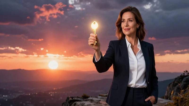 Profesional con llave dorada al atardecer épico