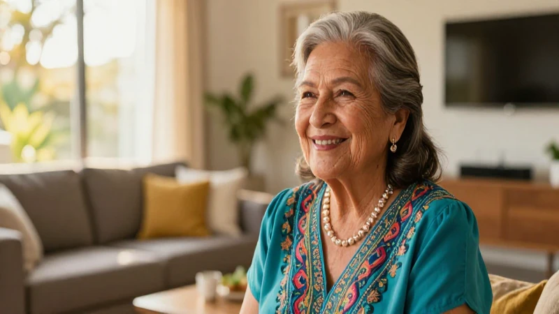 Mujer mexicana mayor, sonriendo, ambiente acogedor