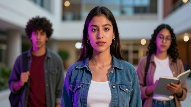 Mujer mexicana profesional en campus con iluminación dinámica