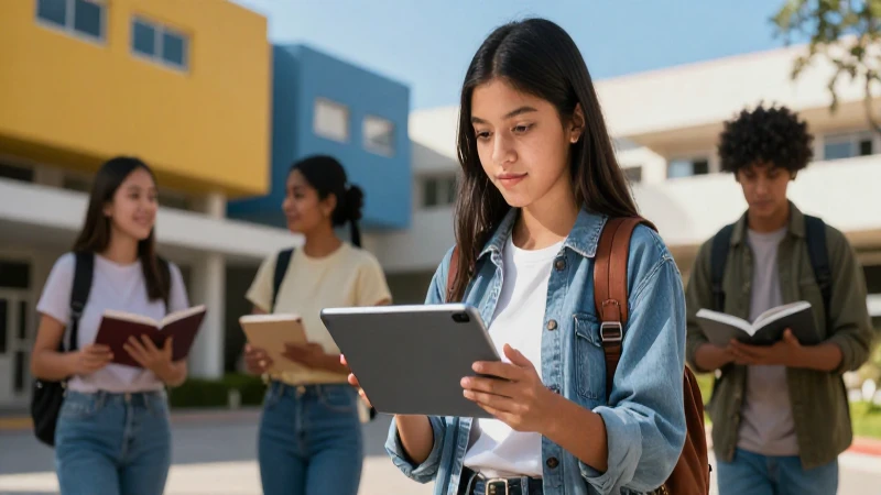 Estudiante mexicano moderno con tablet futurista en campus vibrante