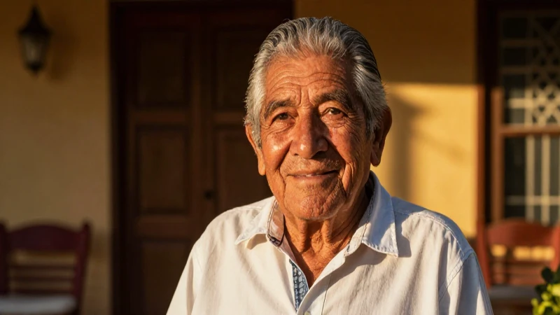 Retrato feliz de mayor mexicano con luz dorada