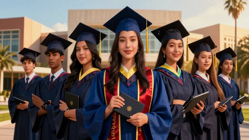 Estudiante mexicano graduándose en un campus moderno