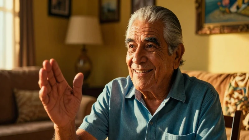 Abuelo mexicano sonríe en luz dorada
