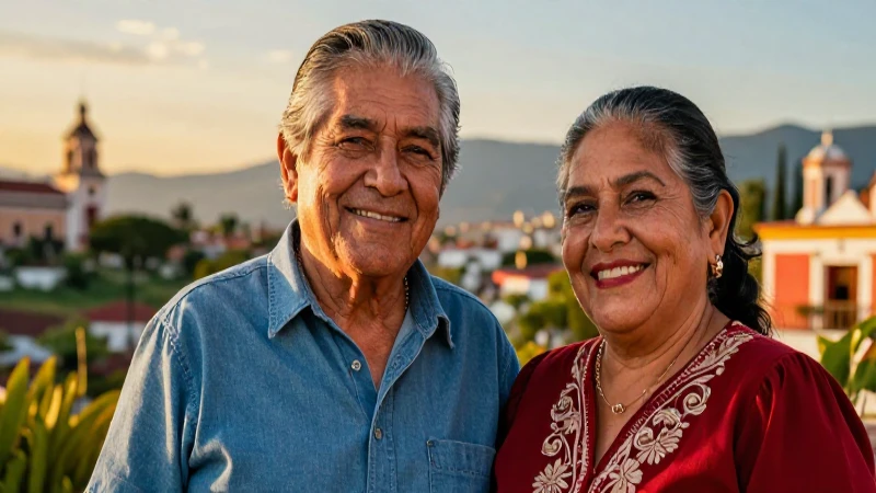Pareja mexicana sonríendo en paisaje dorado
