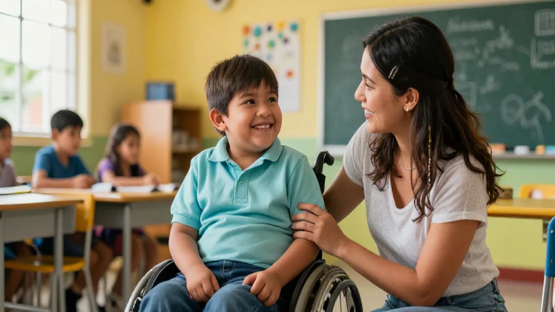 Niño feliz con apoyo en su clase