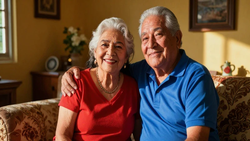 Pareja anciana mexicana feliz bajo luz cálida
