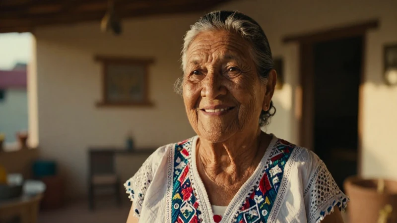 Retrato de abuela mexicana feliz con luz dorada
