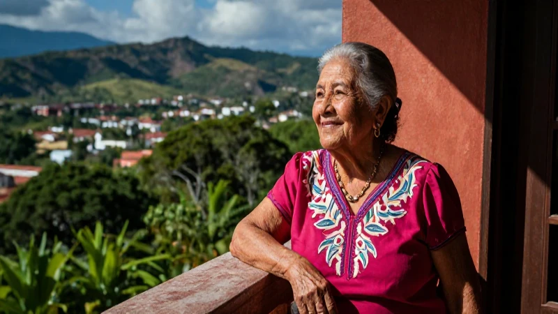 Mujer anciana mexicana feliz en balcón soleado
