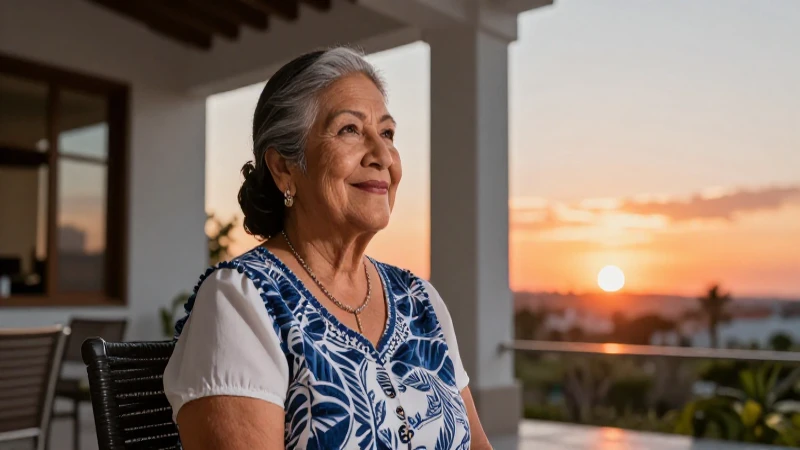 Mexicana sonriente mira el hermoso atardecer