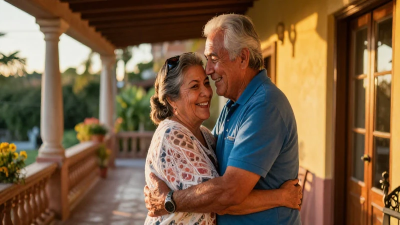 Pareja mexicana anciana feliz en atardecer